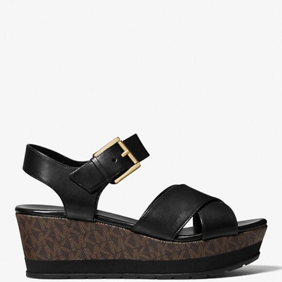 Michael Kors Neva Leather and Logo Wedge Sandal Black, Size 7.5 - Picture 2 of 3